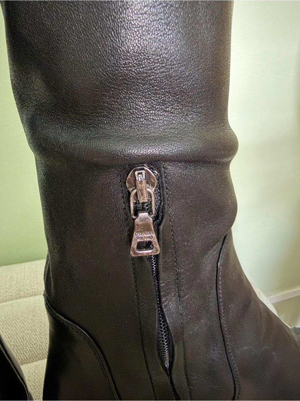 Prada Black Designer Knee High Riding Western Boots Heels Size 7 8 37.5 37 7.5 - Picture 11 of 15